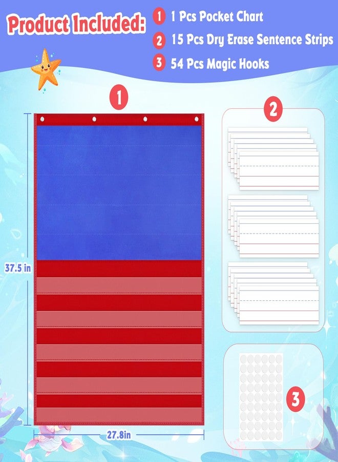 AUVCAS Felt Board Pocket Chart, Flannel Board with Clear 5 Pockets for Classroom and Home, Interactive Storytelling/Learning Activities/language learning for Kids, Include Dry-Erase Sentence Strips & Magic Hooks, 37.5”H x 27.8”W. - Image 3
